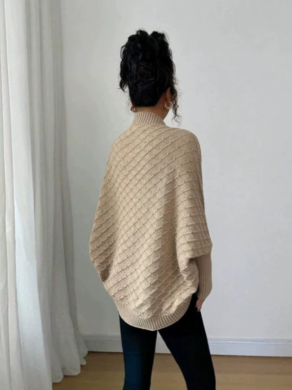 Autumn Winter Loose Diamond Batwing Sleeve Knit Cardigan Shawl Women